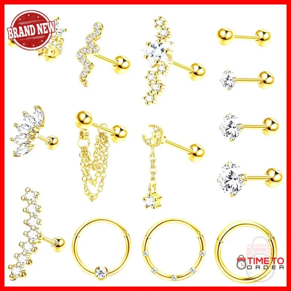 Hypoallergenic Surgical Steel 16G Cartilage Earrings Set 14 Pcs